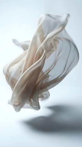 Flowing white silk fabric captured in motion against clean background creating elegant waves and folds for luxury fashion and textile design projects.