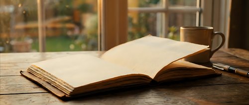 Open vintage book on wooden table near window with warm sunlight streaming through, creating cozy reading atmosphere for literature and education concepts.