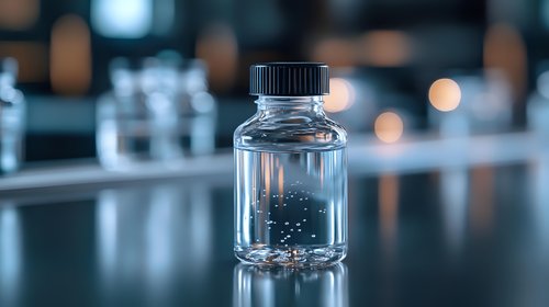 Clear glass bottle with liquid on blurred laboratory background, soft bokeh lights create scientific atmosphere. Medical research and pharmaceutical concept.