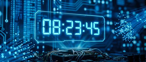 Digital countdown timer displaying 08:23:45 on futuristic blue circuit board background with glowing connections and data streams for tech presentations.
