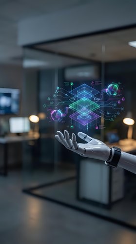 Robotic hand displaying holographic digital network interface with glowing geometric shapes and data visualization in modern office environment for technology and innovation concepts.