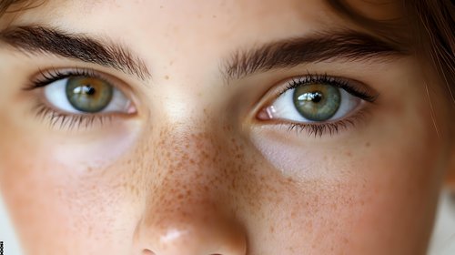 Close up portrait of young woman with natural freckles and bright green eyes looking directly at camera, beauty and skincare concept.