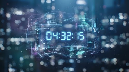 Digital countdown timer display with glowing numbers showing time in futuristic holographic interface against blurred city lights background.