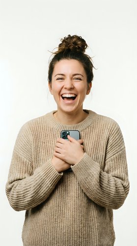 Young woman with brown hair in top knot bun, Caucasian ethnicity, wearing beige knit sweater, holding smartphone to chest, laughing with genuine joy and excitement against white background.