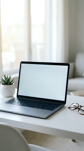 Laptop with blank screen on white desk by window with potted plant and eyeglasses, bright natural light workspace for remote work, business, or design mockup.