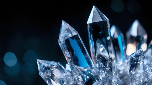 Luminous blue crystal clusters with sharp geometric points emerging against dark background, creating mystical atmosphere with bokeh light effects.