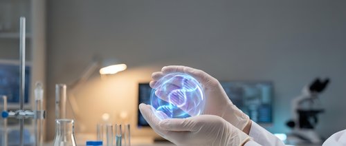 Scientist in laboratory holding glowing digital globe showing global network connections, representing innovation, technology research, and international data exchange in modern science.