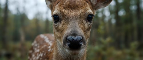 Young spotted deer fawn close-up portrait in natural forest habitat with soft bokeh background for wildlife photography and nature conservation projects.