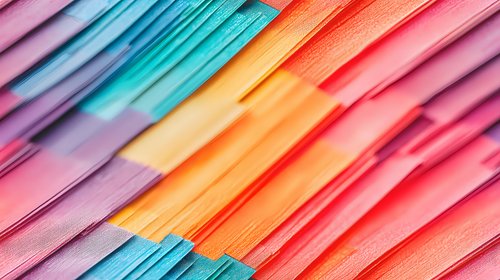 Vibrant diagonal stripes in pastel and neon colors create dynamic abstract pattern with layered paper sheets in pink, orange, blue and purple tones for modern design background.