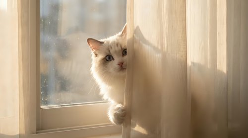 Curious cream-colored cat peeking around sheer curtain by sunlit window, expressing playful feline behavior and indoor pet lifestyle moments.
