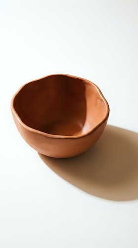 Handmade terracotta clay bowl with organic shape and natural texture on neutral background for kitchen and dining decor.