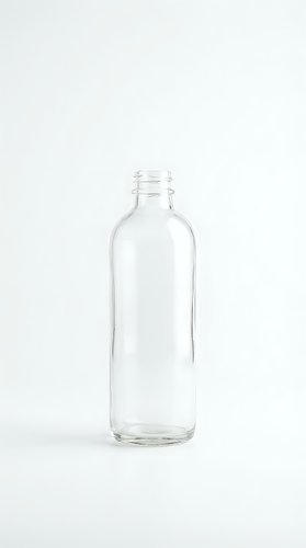 Empty clear glass bottle isolated on white background for packaging design, beverage industry, eco-friendly products and sustainable lifestyle concepts.