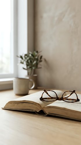 Open book with eyeglasses on wooden desk near window, potted plant and beige wall. Suitable for education, reading, learning, and study concepts.