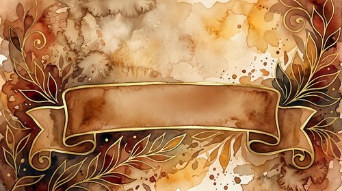 Watercolor autumn banner with golden floral ornaments and empty scroll ribbon on warm brown background, perfect for seasonal greeting cards.
