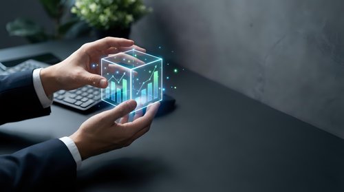 Businessman hands holding glowing digital cube with data visualization and holographic interface for modern technology and innovation concepts.