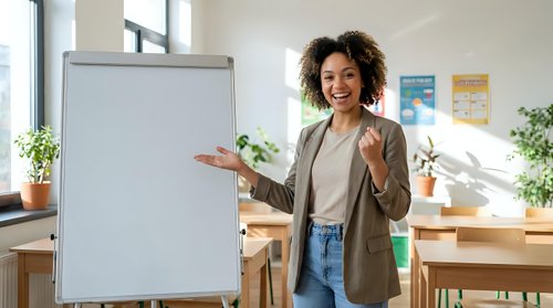 Smiling African American businesswoman presenting at whiteboard in modern office conference room for corporate training and professional development.