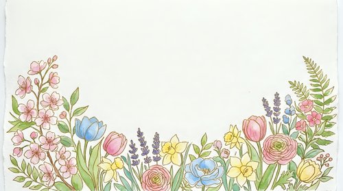 Watercolor spring floral border with tulips, roses, daffodils, lavender and ferns on white background, copy space for greeting cards.