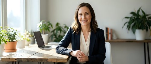 Professional businesswoman smiling confidently at modern office desk with laptop and plants creating productive workspace atmosphere for corporate success.