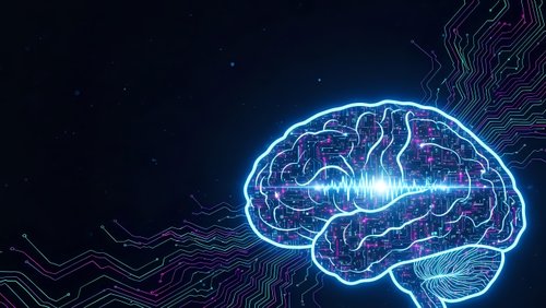 Digital brain with glowing neural networks and circuit patterns on dark background for technology and artificial intelligence concepts.