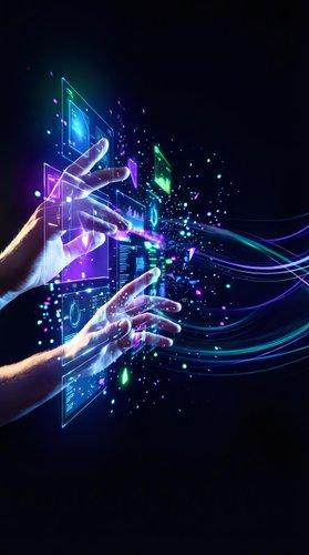 Human hands interacting with futuristic holographic interface displaying digital data charts and glowing particles on dark background for tech presentations.