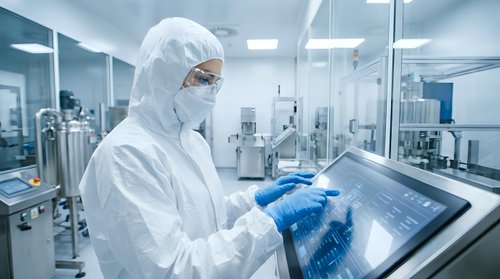 Scientist in protective suit working with touchscreen computer in sterile pharmaceutical laboratory for medical research and drug development.