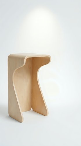 Modern wooden stool with curved organic design on white background. Minimalist furniture piece crafted from natural wood with smooth flowing lines.