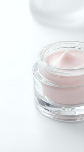 Open glass jar containing pale pink cosmetic cream or moisturizer on white background, isolated and ready for skincare, beauty product, and cosmetics design use.