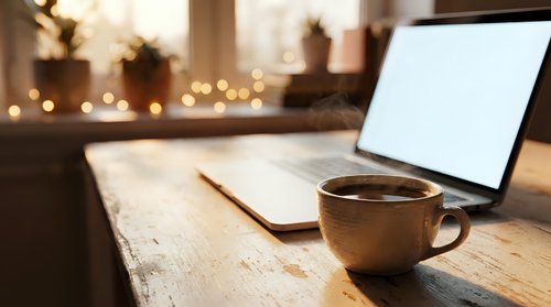 Cozy home office workspace with laptop, coffee cup and notebook on wooden desk with warm bokeh lighting creating productive morning atmosphere.