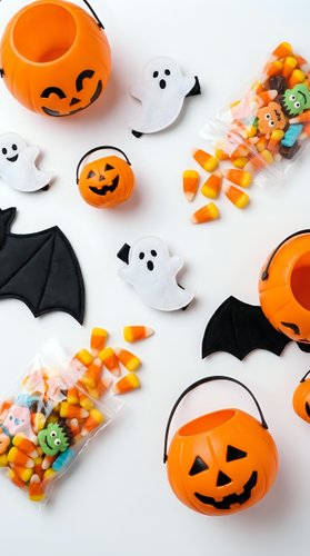 Halloween candy and decorations flat lay with pumpkin buckets, ghost figures, bat cutouts and colorful sweets scattered on white background for party planning.
