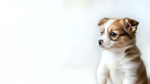 Adorable brown and white Chihuahua puppy sitting on white background, isolated pet portrait for design projects and marketing materials.