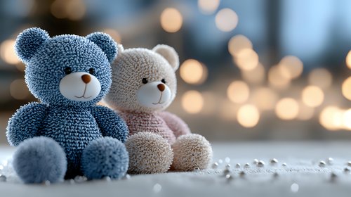 Soft plush teddy bears, blue and pink, sitting together against blurred bokeh lights background creating romantic mood for Valentine's day or baby announcement.