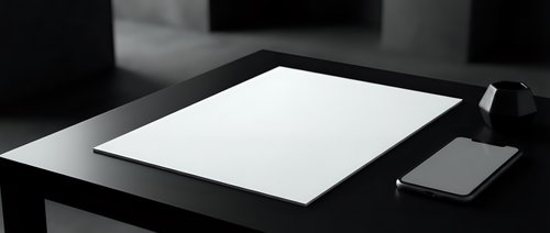 Minimalist black and white workspace with blank paper sheet and smartphone on dark desk. Clean office setup for business presentations and corporate branding.