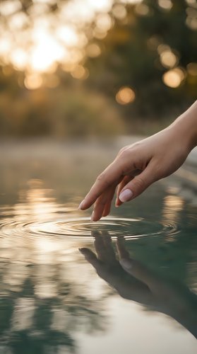 Woman's hand gently touching calm water surface, creating ripples at golden sunset. Mindfulness, harmony, and connection with nature concept.
