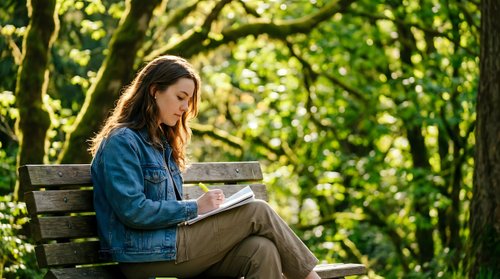 Young woman reading book on park bench surrounded by green trees in natural outdoor setting during sunny day for relaxation and leisure activities.
