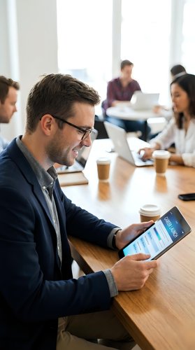 Smiling businessman using tablet computer during team meeting in modern office conference room with colleagues working in background.