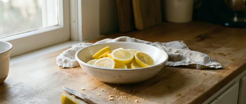 Fresh lemons in ceramic bowl on rustic wooden kitchen counter with natural sunlight streaming through window creating warm morning atmosphere.