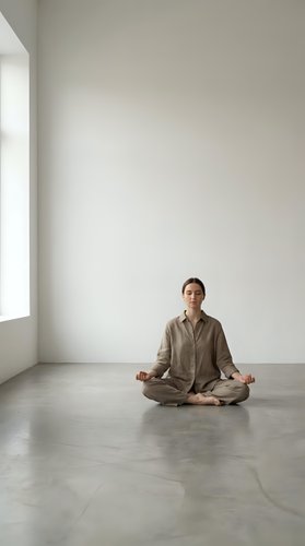 Young woman practicing meditation in minimalist room with natural light for mindfulness and wellness lifestyle.