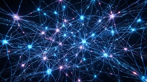 Digital neural network with glowing blue and purple nodes connected by bright lines on dark background for technology and artificial intelligence concepts.