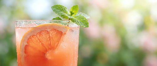 Refreshing grapefruit cocktail with ice and fresh mint sprig in glass, set against soft green bokeh background on sunny day.