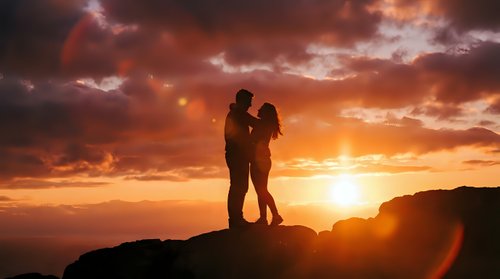 Silhouette of couple embracing on hilltop at sunset with dramatic orange and golden sky, romantic moment for love and relationship content.
