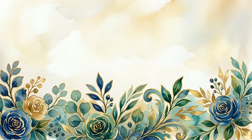 Watercolor floral border with blue and golden roses, green foliage and decorative leaves on cream background. Isolated design element for invitations and cards.