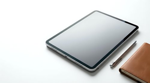 Modern tablet computer with stylus pen and leather wallet on clean white background for business and technology presentations.