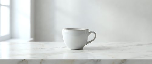 White ceramic coffee cup on marble table in bright minimalist kitchen interior with natural window light for morning beverage and home decor concepts.