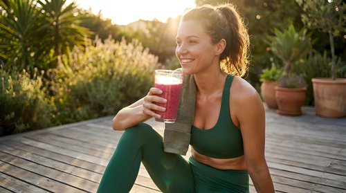 Young woman in green athletic wear holding a glass of pink smoothie, sitting on wooden deck surrounded by potted plants and greenery during golden hour sunlight, wellness and healthy lifestyle concept.