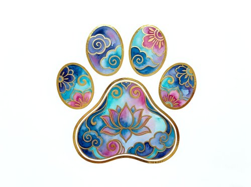 Colorful paw print with ornate gold border featuring lotus flowers and swirling patterns in blue, pink, and purple tones. Isolated design element suitable for pet-related merchandise and apparel.