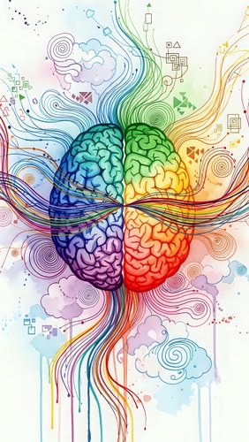 Colorful human brain with flowing rainbow energy streams and geometric patterns representing creativity, intelligence, and mental processes in artistic style.