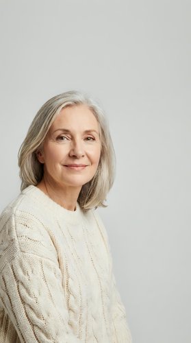 Confident mature Caucasian woman with gray hair wearing cream cable knit sweater smiling warmly against neutral background for lifestyle content.
