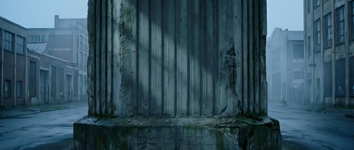 Ancient weathered stone column base in misty urban street scene with classical architecture and atmospheric fog creating moody historical ambiance.