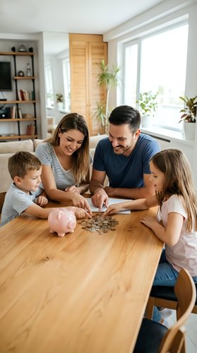 Happy Caucasian family with two children counting coins from piggy bank at wooden dining table in modern bright living room teaching kids financial literacy.