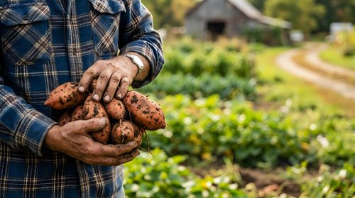 Farmer holding freshly harvested organic potatoes in hands over vegetable garden field, agriculture and farming concept for food production and harvest.